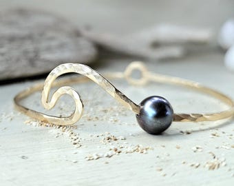 Black Pearl Wave Bangle, 14k Gold-Filled Peacock Pearl Bracelet
