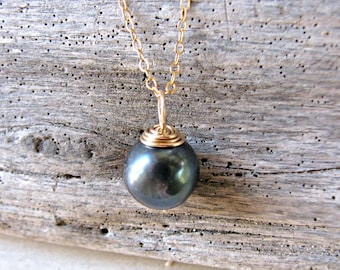 Black Pearl Pendant, Black Pearl Necklace, Single Pearl Pendant, Gold Capped Pearl Pendant, One Pearl on Chain, Single Pearl on Chain