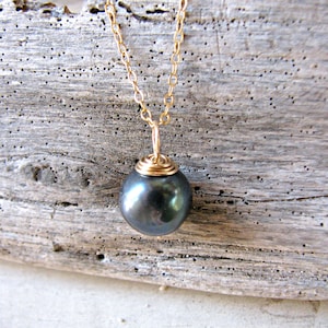 Black Pearl Pendant, Black Pearl Necklace, Single Pearl Pendant, Gold Capped Pearl Pendant, One Pearl on Chain, Single Pearl on Chain image 1