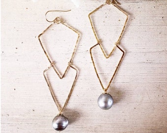 Double Arrow Earrings, Tahitian Pearl Triangle Hoops, Geometric Hoops