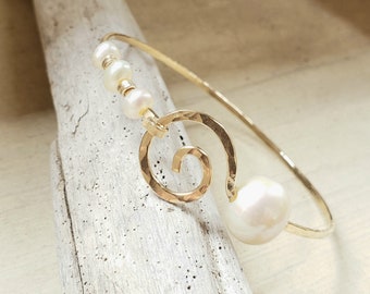 White Pearl Bangle, Gold Koru Bangle, White Pearl Bracelet, Infinity Bangle