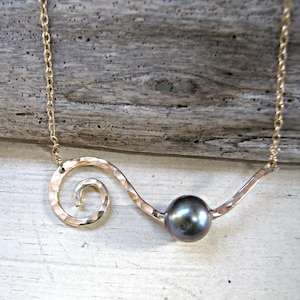Koru Pendant, Black Pearl Pendant, Wave Necklace, Infinity Pendant, Eternity Necklace, Black Pearl Necklace, Maori Koru Fern, Koru Necklace