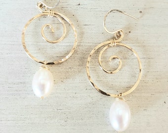 Infinity Earrings, Tiny Koru Hoops, White Pearl Earrings, Little Gold Hoops, White Pearl Hoops, Gold Koru Earrings, Bridesmaid Gift