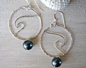 Ocean Wave Hoops, Silver Wave Earrings, Black Pearl Earrings, Beach Wedding