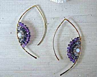 Amethyst Hoops, Mandala Earrings, Threader Hoops, Threader Earrings, Purple Gemstone Hoops, Purple Gemstone Earrings, Rainbow Earrings