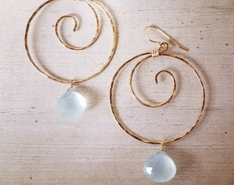 Aqua Gemstone Earrings, Gold Koru Hoops, Aqua Chalcedony Hoops, Infinity Earrings