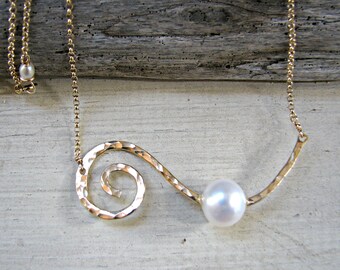 White Pearl Necklace, Koru Pendant, Infinity Necklace, Eternity Necklace, Infinity Pendant, Koru Necklace, White Pearl Pendant