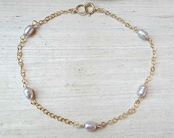 Pearl Chain Bracelet, Gray Pearl Link Bracelet, Grey Pearl Thin Chain
