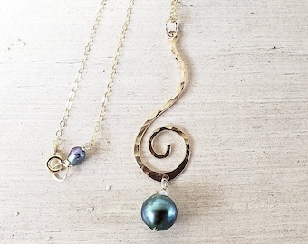 Tahitian Pearl Pendant, Elongated Koru Pendant, Black Pearl Necklace, Black Pearl Pendant