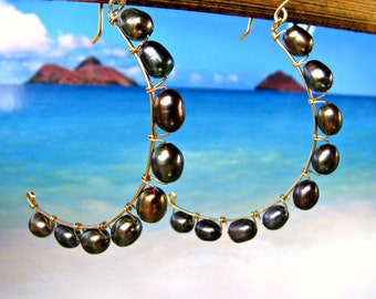 Black Pearl Hoops, Peacock Pearl Gold Hoops, Black Pearl Gold Earrings, Island Beach Wedding, Bridesmaid Gift, Hawaiian Wedding Jewelry