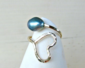 Heart Pearl Ring, Blue Pearl Ring, Gold Heart Ring, Hammered Gold Ring, Adjustable Ring, Blue Gold Wedding, Bridesmaid Gift, Ocean, Aqua