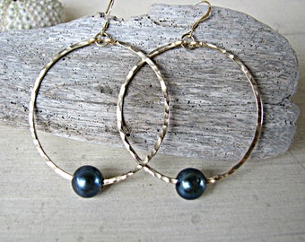 Black Pearl Hoops, Big Hoops, Black Pearl Earrings, Large Black Pearls, Round Gold Hoops, Hawaii Pearl Hoops, Beach Earrings