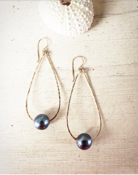 VINTAGE 14K 9 MM TAHITIAN BLACK PURPLE ROUND PEARL ELONGATED EARRINGS JACKETS