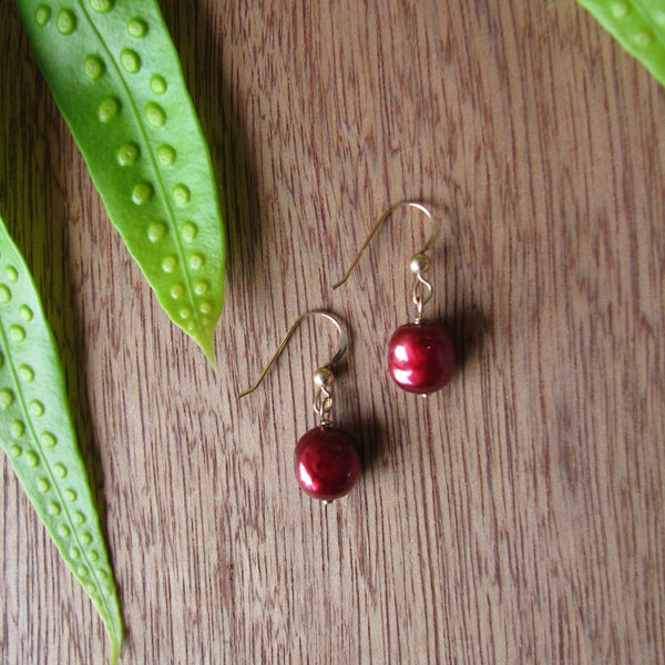 Red Pearl Earrings, Pearl Gold Dangles, Long Red Gold Earrings, Crimson Red, Cranberry, Garnet Red, Cinnabar, Hawaii Red Pearl Dangles