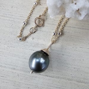 Small Dark Black Tahitian Pearl Pendant, Tahitian Black Pearl Necklace, Black Pearl Pendant, 8mm Black Pearl on Mixed Metal Satellite Chain