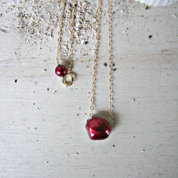 Red Pearl Pendant, Red Pearl Necklace, Red Pearl Slide, Sliding Pearl Gold Chain, Pearl On Chain, Crimson Red, Cranberry, Pomegranate