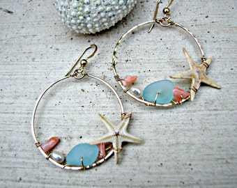 Starfish Earrings, Peach Aqua Hoops, Beach Glass Earrings, Aqua Sea Glass, Starfish Hoops, Beach Earrings, Peach Coral, Beach Wedding