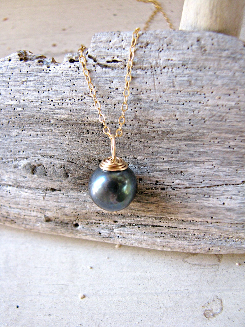 Black Pearl Pendant, Black Pearl Necklace, Single Pearl Pendant, Gold Capped Pearl Pendant, One Pearl on Chain, Single Pearl on Chain image 1