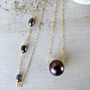 Black Pearl Pendant, Black Pearl Slide, Floating Pearl Necklace, Black Pearl Necklace, Large Black Pearls, Adjustable Chain, Peacock Pearls
