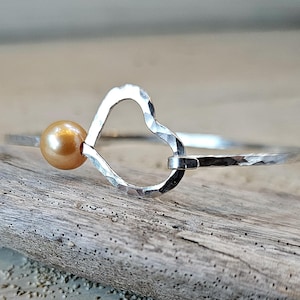 Silver Heart Bangle, Champagne Pearl Heart Bangle, Golden Pearl Bangle, Golden Pearl Bracelet, Stackable Sterling Silver Bangle