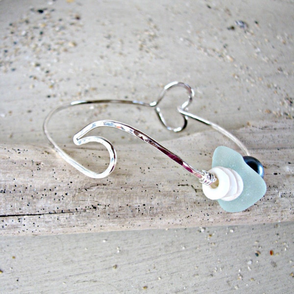 Wave Bangle, Heart Bangle, Hawaii Pearl Bangle, Puka Shell Bangle, Aqua Beach Glass, Sea Glass Bracelet, Sea Glass Bangle, Beach Wedding