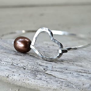 Chocolate Pearl Heart Bangle, Silver Heart Bracelet, Heart Pearl Bracelet, Stackable Silver Bangle, Silver Heart Bangle, Brown Pearl Bangle