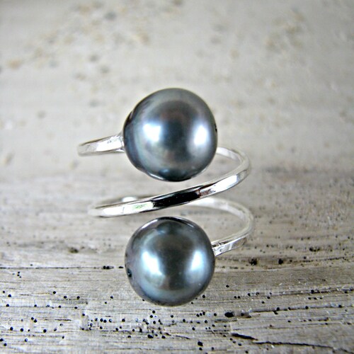 Double Pearl Ring Black Pearl Silver 
