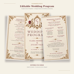 May include: A three-page editable wedding program template featuring a cream background with dark red text and gold botanical border accents. The central panel displays the text Wedding Program, the names Clara Bennet and Julian Vale, and the date October 17, 2026.