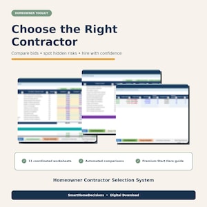 Può includere: Un kit di strumenti digitale per proprietari di casa intitolato Choose the Right Contractor, che mostra tre interfacce di fogli di calcolo sfocate. La grafica include testo che elenca 11 fogli di lavoro coordinati, confronti automatizzati e una guida introduttiva.