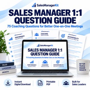 May include: A laptop displaying the SalesManagerKit Sales Manager 1:1 Question Guide with 75 coaching questions. The screen shows sections for Performance, Coaching, and Accountability. A white mug with text and stacked books are nearby.