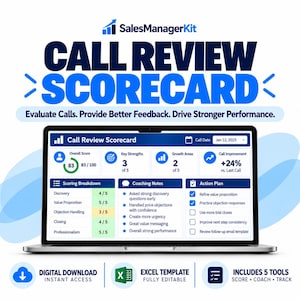 May include: A digital SalesManagerKit Call Review Scorecard displayed on a laptop screen. The interface features sections for overall score, key strengths, growth areas, call improvement, scoring breakdown, coaching notes, and an action plan.