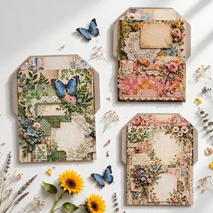 Puede incluir: Tres sobres decorativos adornados con collages de papel en capas, tapetes de encaje, flores secas y recortes de mariposas azules. Cada sobre presenta patrones botánicos, escritura estilo vintage y adornos florales en tonos verdes, rosas y amarillos.