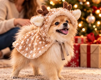 Disfraz de reno para perro, atuendo navideño para perro, capa navideña para cachorro, ropa festiva para mascotas, regalo de Navidad para perros pequeños.