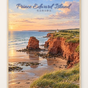 Prince Edward Island Watercolour Print, Red Cliffs, Shoreline Pools, White Beacon (Framed)