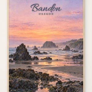 Bandon Oregon Watercolor Print, Face Rock, Sea Stacks, Tide Pools (Framed)