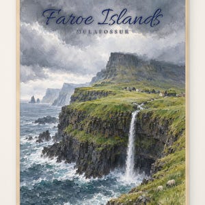 Acuarela de las Islas Feroe: Cascada de Múlafossur, Gásadalur, Farallones (enmarcada).