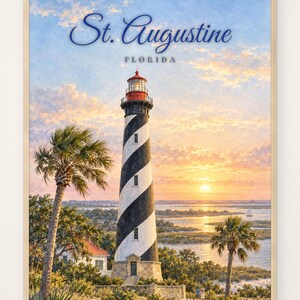 Muurdecoratie van de vuurtoren van St. Augustine, Florida, ingelijste aquarelprint – Toren, lantaarnkamer en woning van de vuurtorenwachter