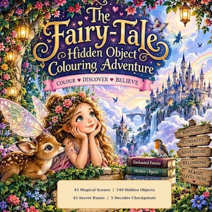 May include: A book cover titled The Fairy-Tale Hidden Object Colouring Adventure featuring a fairy with wings, a fawn, a castle, and a signpost with words like Kindness and Curiosity. The cover includes text about 45 magical scenes and 540 hidden objects.