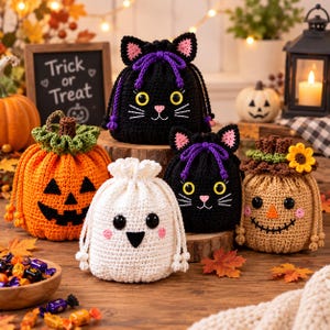 Halloween Crochet Pouch Pattern PDF, Drawstring Treat Bag, Pumpkin Ghost Black Cat Scarecrow, Crochet Candy Bag Pattern