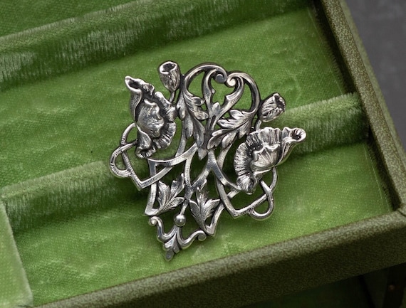 Sterling silver pewter peony floral pin