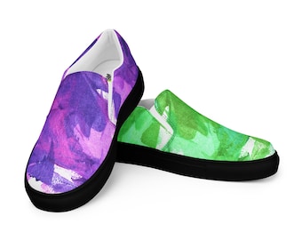 Lila/grüne Herren-Slipper aus Canvas mit aufgedrucktem Muster