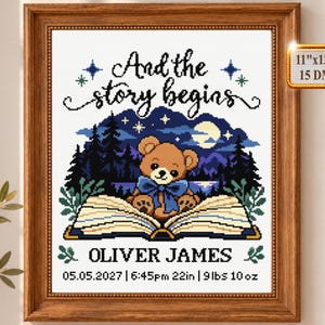 Books Birth Announcement Cross Stitch Pattern, Baby Boy Bear Sampler PDF, Personalized Birth Record, Nursery Cross Stitch Download