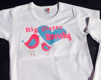 BIg Sister Shirt Birds and Hearts Great for Tutus, Birthdays, Photo Props, Parties and Special Events