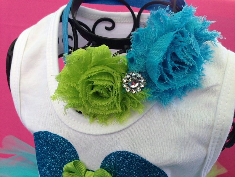 Babies Girls Turquoise Aqua and Lime Green Head Band Hair Bow Shabby Chic Rose Vintage Birthdays Photo Props Parties image 2