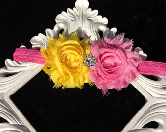 Babies Girls Yellow Pink Head Band Hair Bow Shabby Chic Rose Vintage for Birthdays, Photo Props, Parties and Special Events