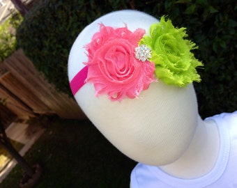 Babies Girls Pink and Lime Green Strawberry Shortcake Head Band Hair Bow Shabby Chic Rose Vintage Birthdays Photo Props Parties