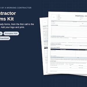 Puede incluir: Un kit digital de formularios para contratistas con 15 documentos PDF imprimibles sobre un fondo azul oscuro. El texto dice: Created by a working contractor, Contractor Forms Kit, 15 job-ready forms, from the first call to the warranty.