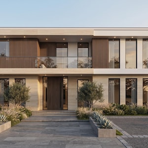 May include: A two-story house with a beige stone facade, featuring vertical dark wood slats, large glass windows, and a second-floor balcony with a glass railing. The exterior includes a stone walkway and landscaped planters.