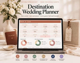 Destination Wedding Spreadsheet for Google Sheets, Two-Currency Budget, Guest Travel and Accommodation