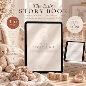 Puede incluir: Un libro de historias para bebés digital en una pantalla de tableta, con 146 páginas, diario de embarazo, plantillas de fotos y cápsula de memoria digital. El texto dice The Baby Story Book, A Pregnancy & First Year Memory Book.